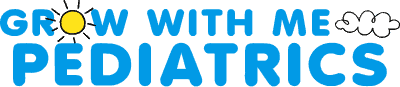 Logo for Grow With Me Pediatrics features blue lettering, a yellow sun forming the "O" in "GROW," and a white cloud above the "C" in "PEDIATRICS.