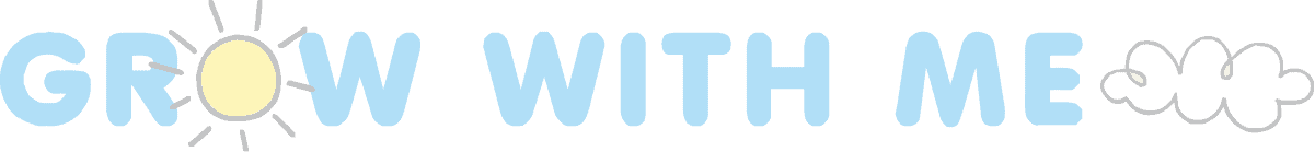 The text "Grow With Me Pediatrics" in blue letters, with a yellow sun for the "O" and a small gray cloud beside the last "E," appears on a blue background.