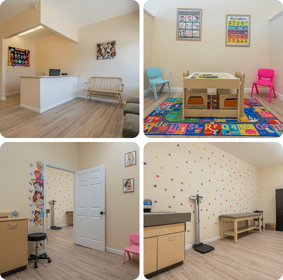 A collage of four rooms in a pediatric clinic, showing a reception area, a playroom with alphabet decor, an exam room, and a room with a scale and exam table.